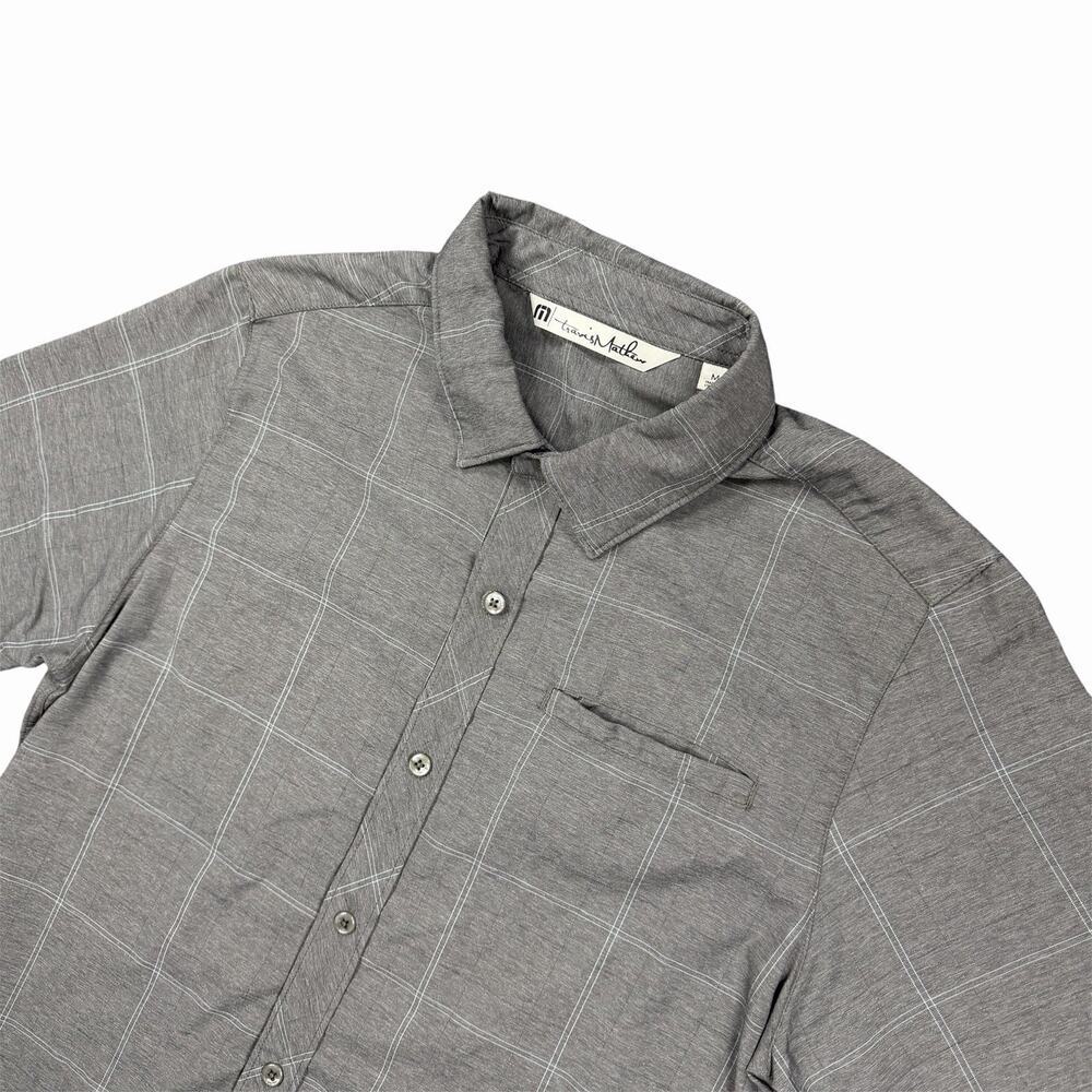 TravisMathew Men’s Medium Gray Plaid Performance Button Front Golf Shirt Stretch